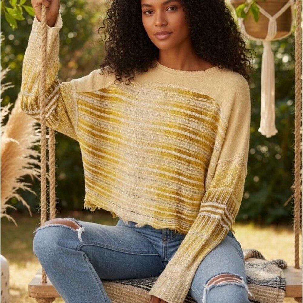 Free People Winnie Sz M Striped Yellow Cropped Boho Long Sleeve Linen Sweater